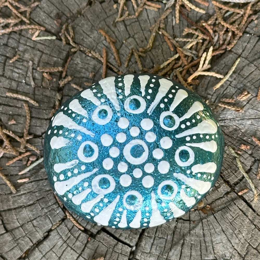 Mandala Rock Art
Metallic Blue Snowflake 
Hand-painted. 
Repurposed beach rock